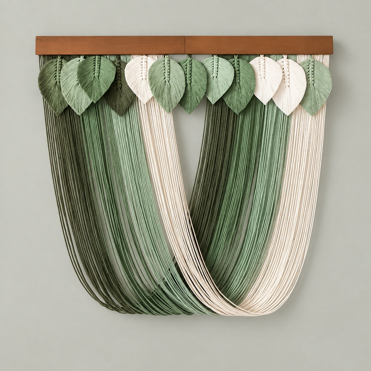 A decorative wall hanging with a wooden top bar, hanging leaf-shaped accents in sage and cream, and multiple strands of cords flowing downward in vertical panels of dark green, medium green, and cream, shown against a plain light gray wall.