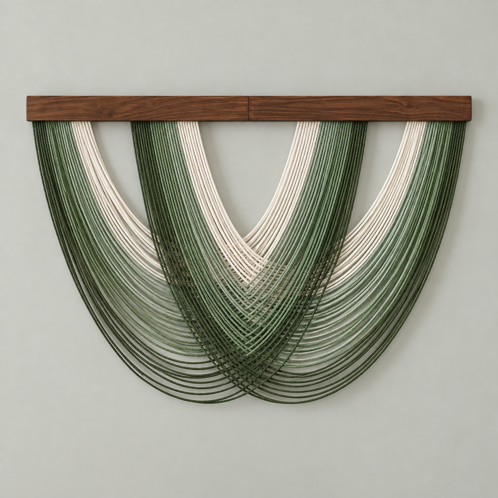 A modern wall-mounted fiber art sculpture featuring layered, semi-transparent strands in shades of forest green and cream, suspended from a dark brown wooden bar against a light gray wall.