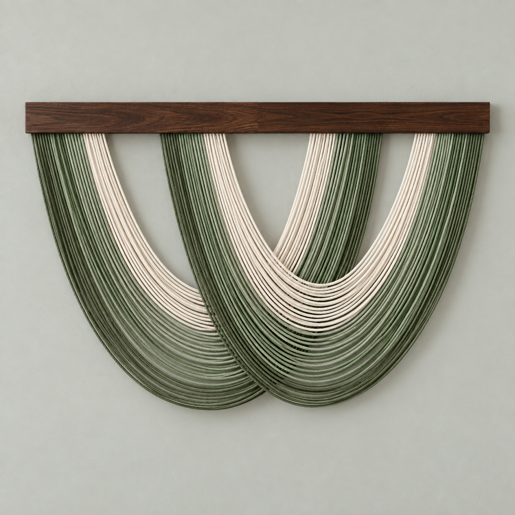 A modern wall hanging sculpture featuring two interlocking arches of layered cord in dark and light olive green and cream, suspended from a dark brown wooden bar against a light gray wall.