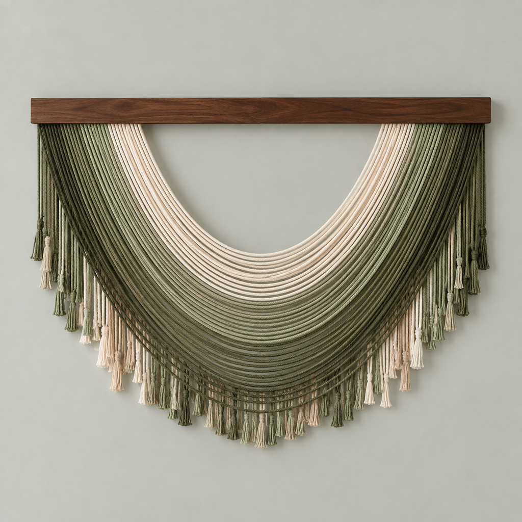 A bohemian-style macrame wall hanging with a dark wood bar and layered fringe cords in sage green and cream, displayed on a light gray wall.