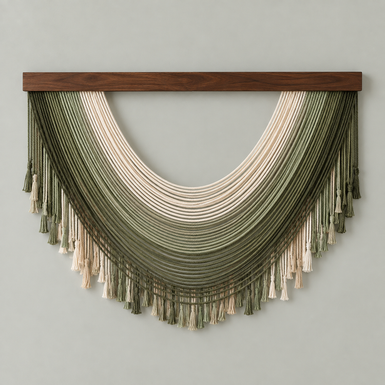 A bohemian-style macrame wall hanging with a dark wood bar and layered fringe cords in sage green and cream, displayed on a light gray wall.