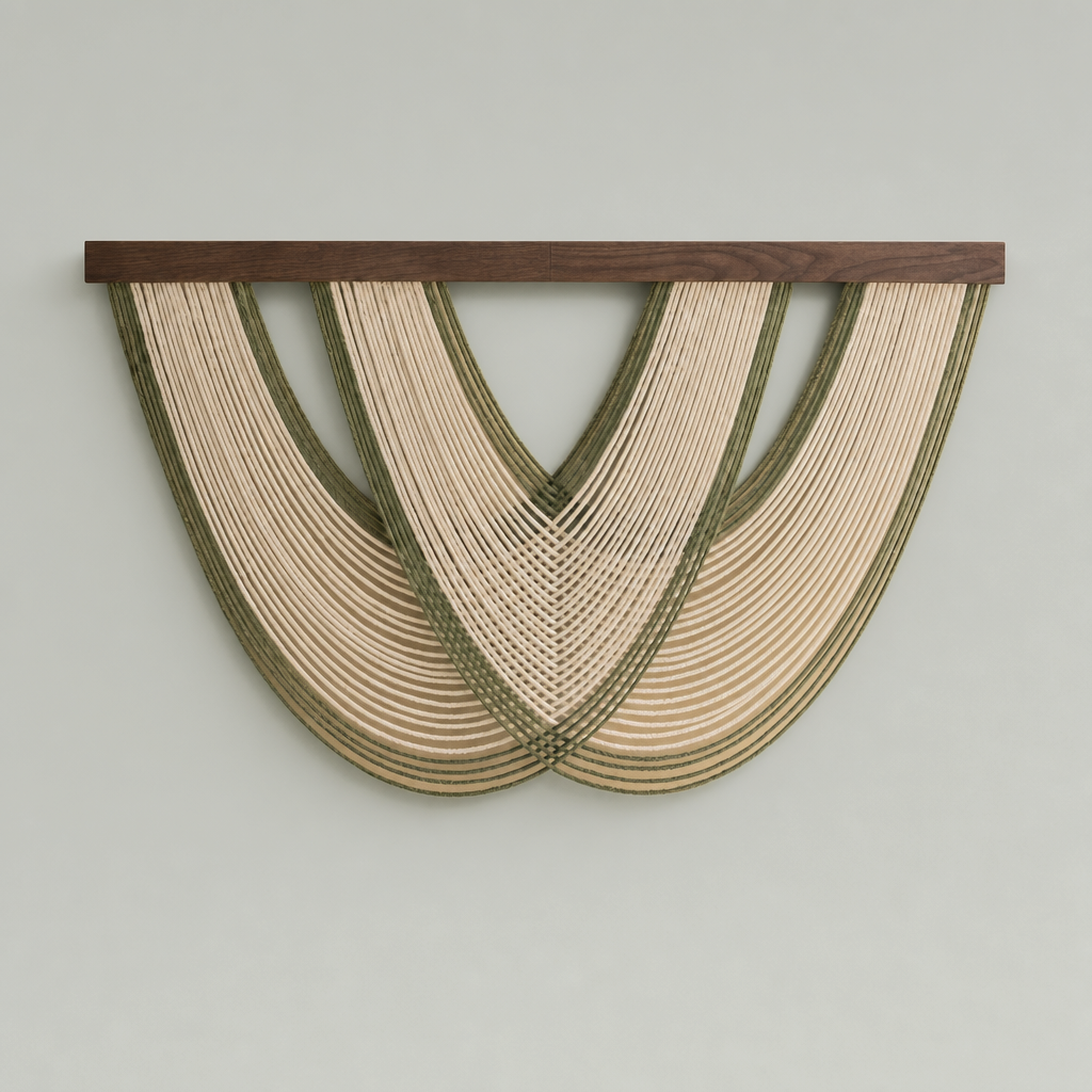 A modern wall hanging sculpture made of many thin curved rods radiating from a dark wooden top bar, set against a plain light gray wall.