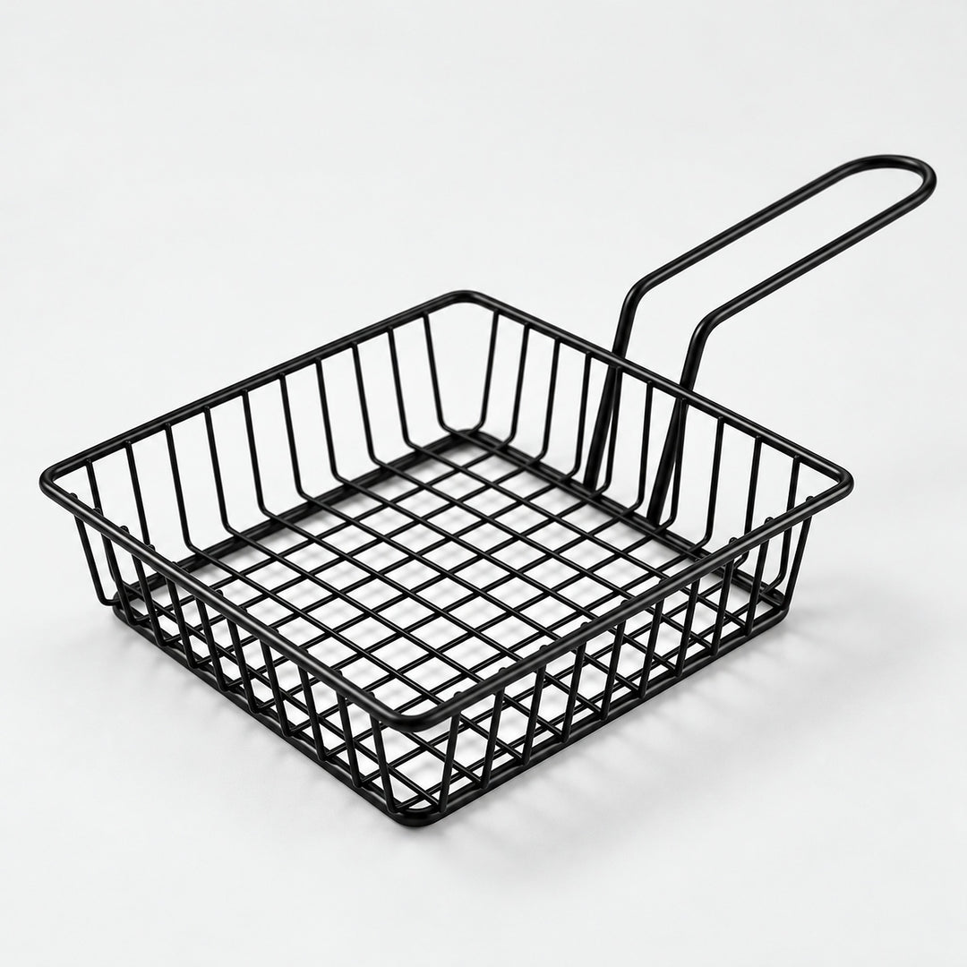 Shallow square black wire serving basket with a loop handle, 14.8 cm wide.