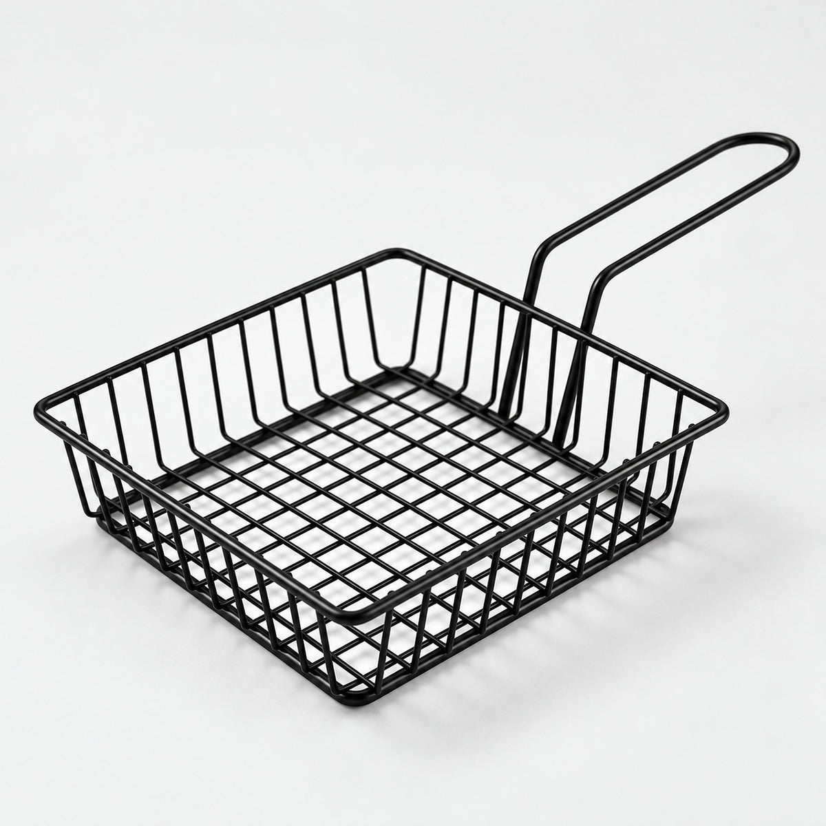 Shallow square black wire serving basket with a loop handle, 14.8 cm wide.
