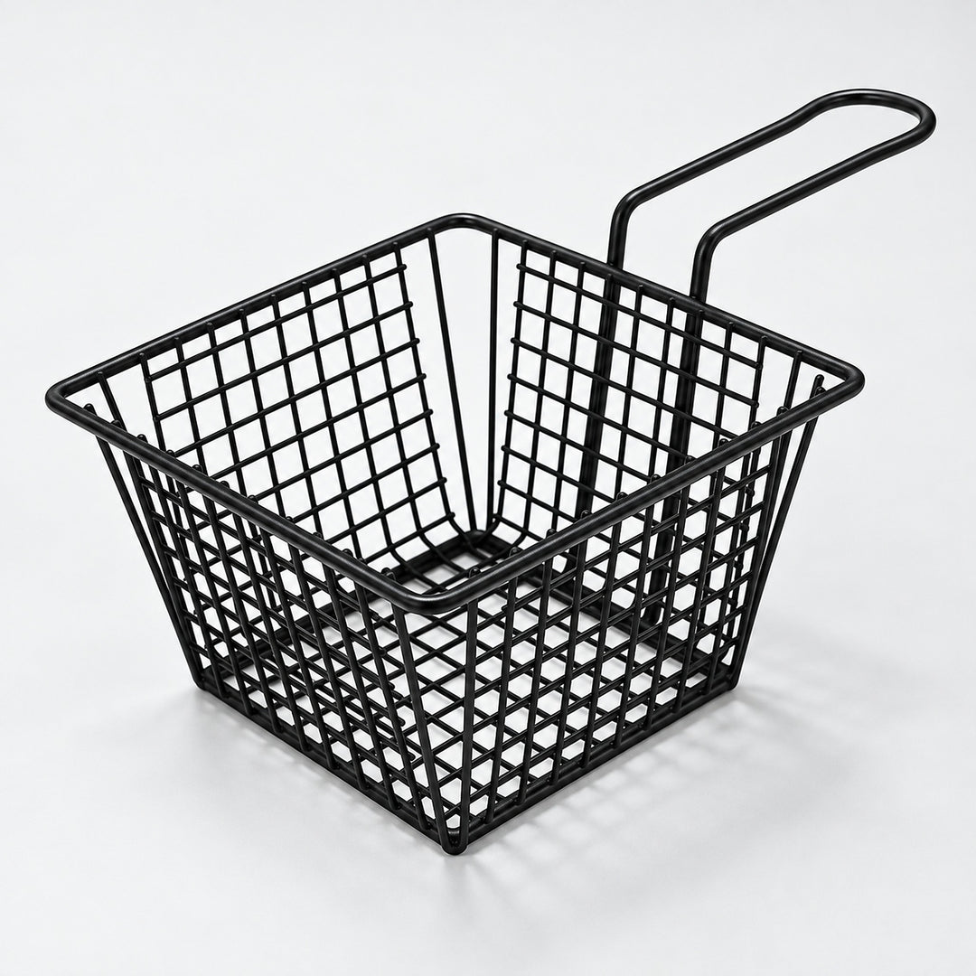 Deep square black wire serving basket with a loop handle, 12.7 cm wide.