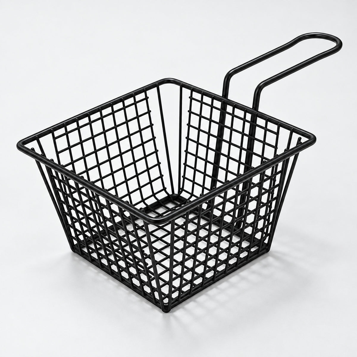 Deep square black wire serving basket with a loop handle, 12.7 cm wide.
