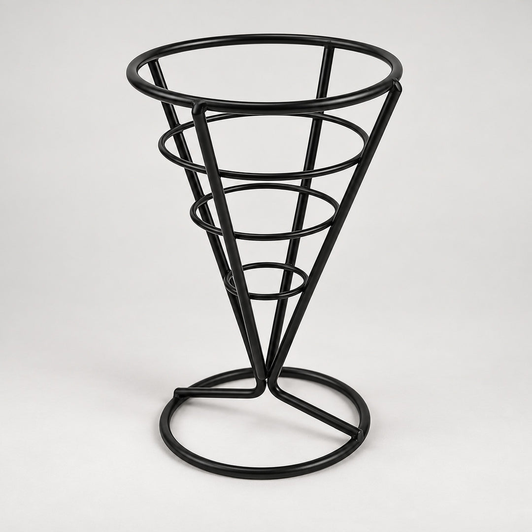 Black wire cone-shaped fries holder with circular base, 14.2 cm tall.