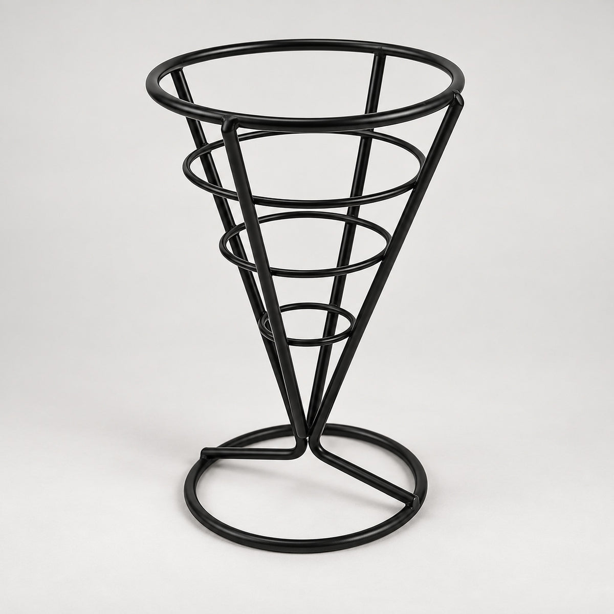 Black wire cone-shaped fries holder with circular base, 14.2 cm tall.