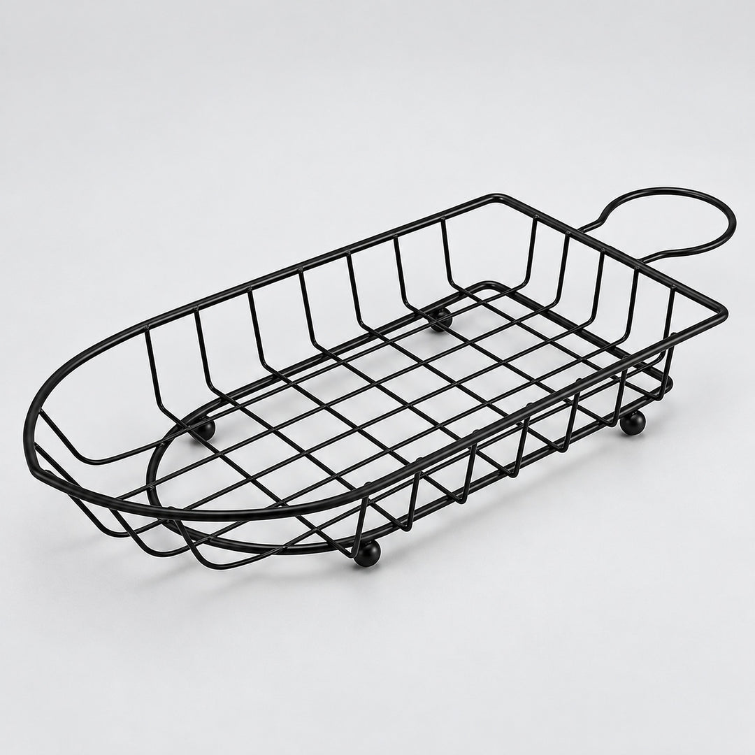 Black wire boat serving basket with short rear loop, 30.5 cm long.
