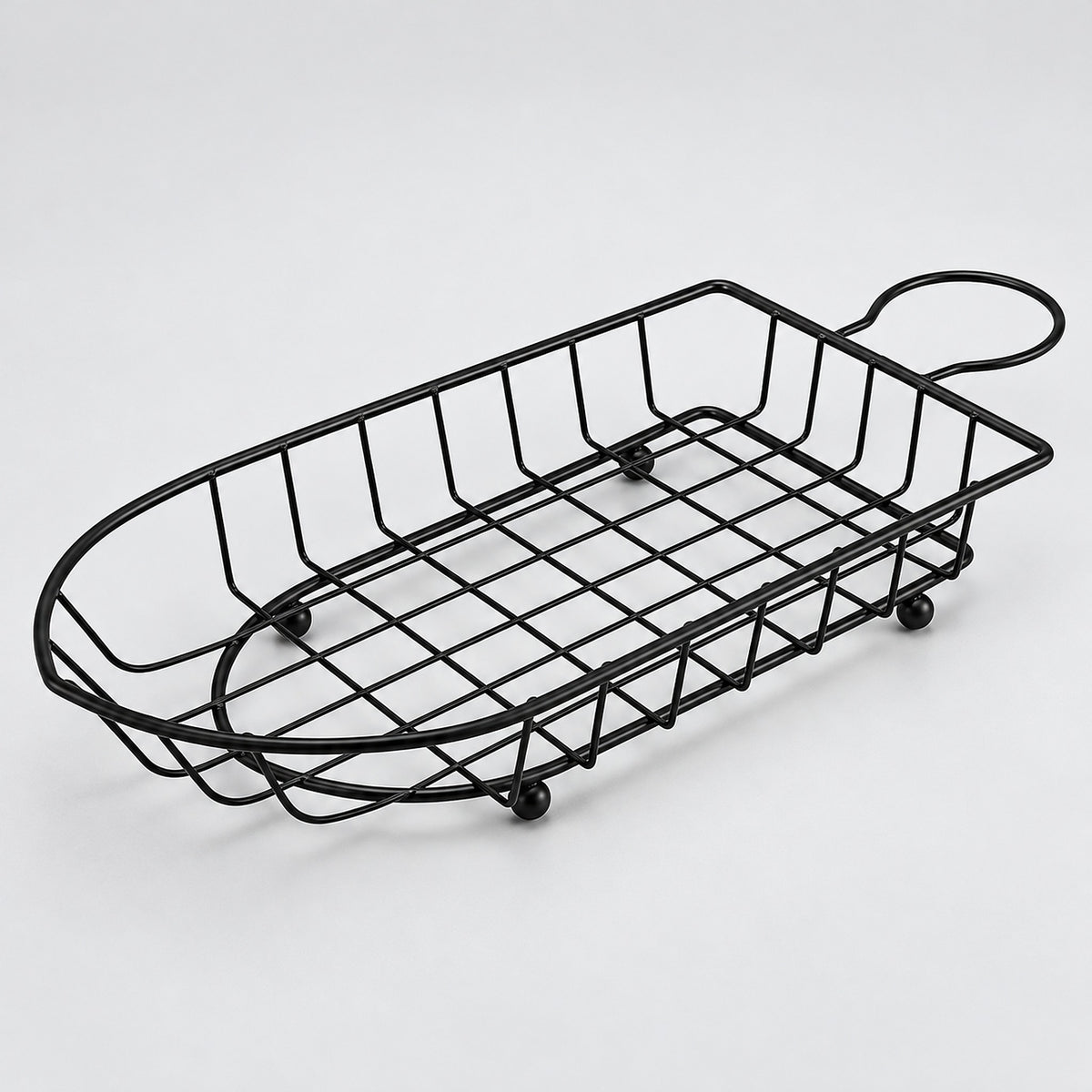 Black wire boat serving basket with short rear loop, 30.5 cm long.