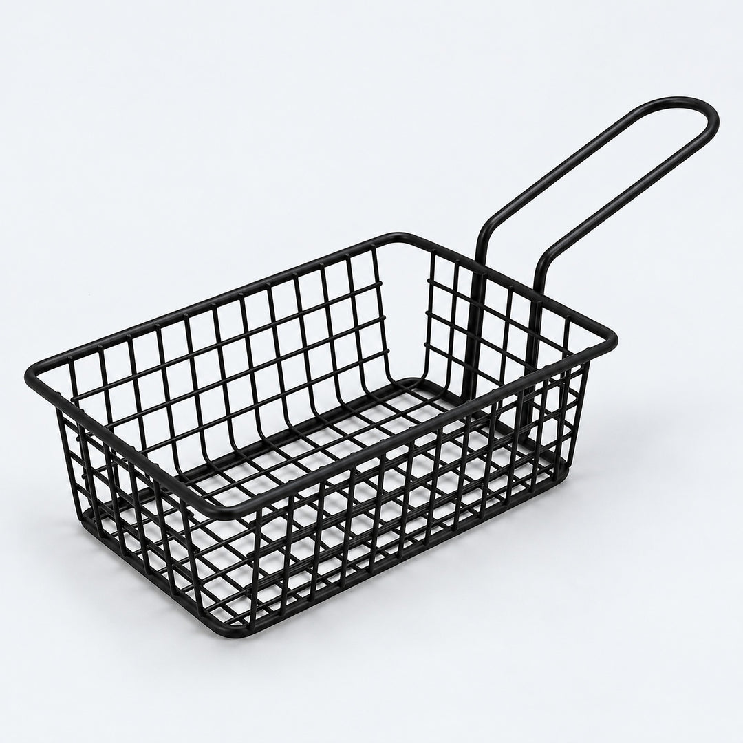Rectangular black wire serving basket with loop handle, 16 cm long.