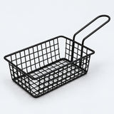 Rectangular black wire serving basket with loop handle, 16 cm long.