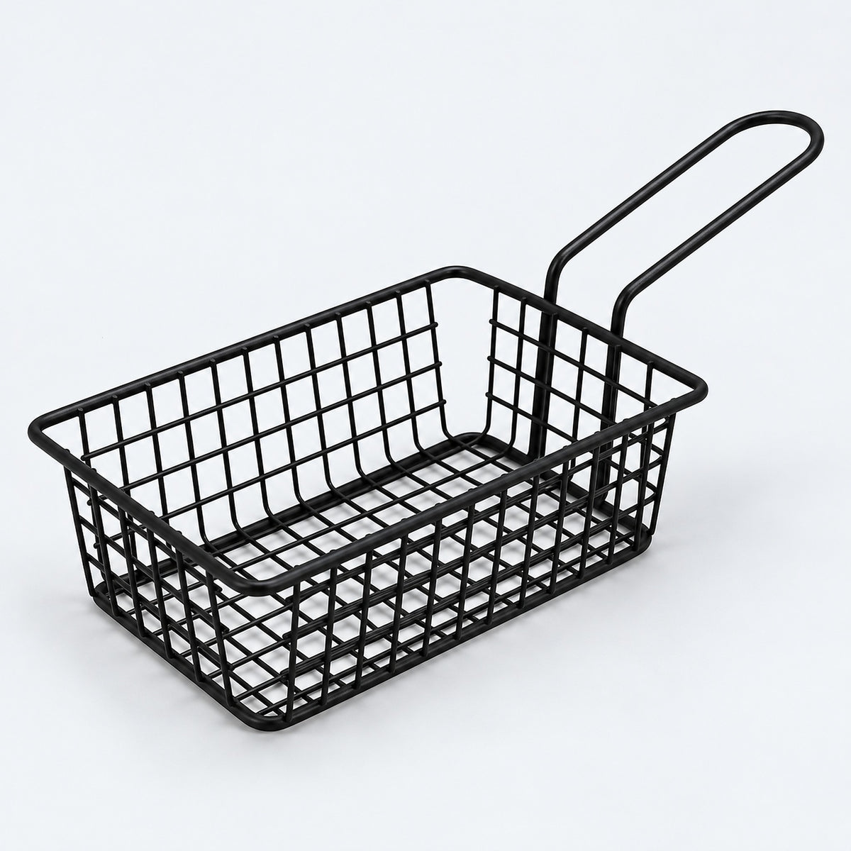 Rectangular black wire serving basket with loop handle, 16 cm long.
