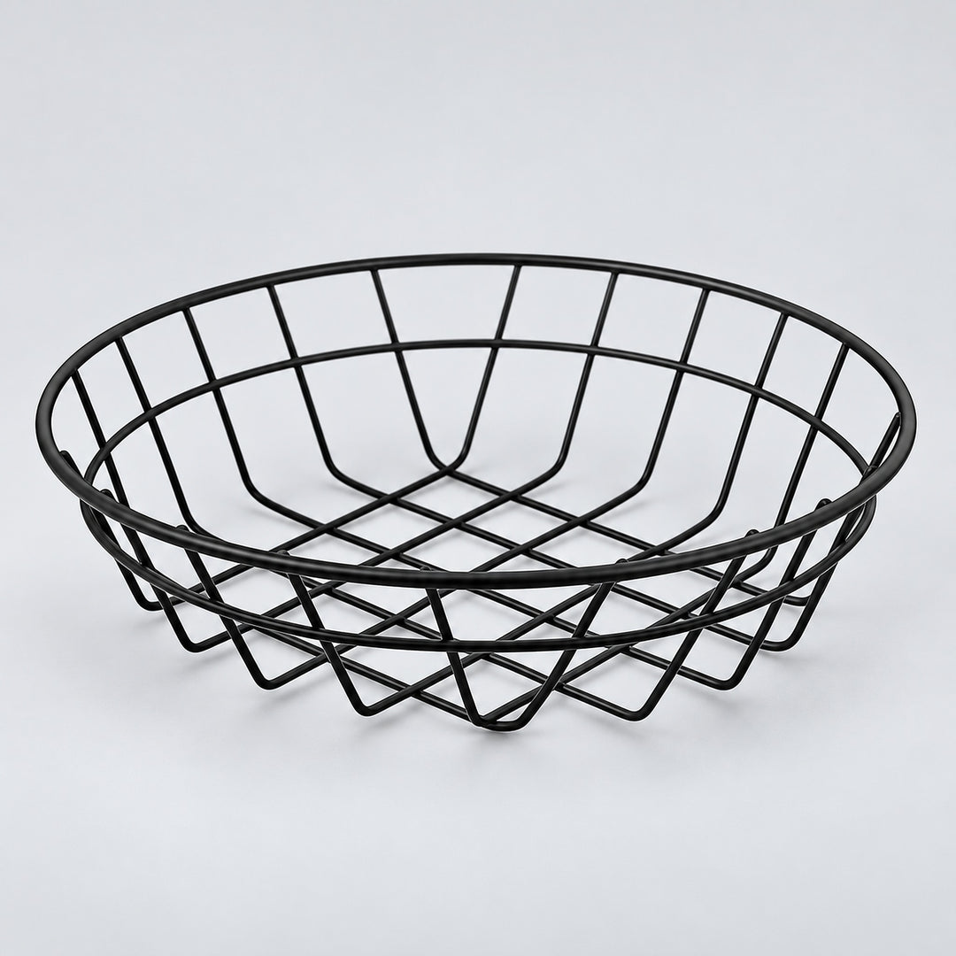 Large round shallow black wire serving basket, 25.5 cm wide.