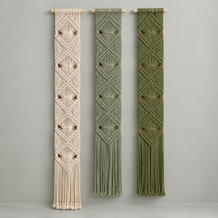 Cream, sage and olive macrame banners hung side by side as a set of three