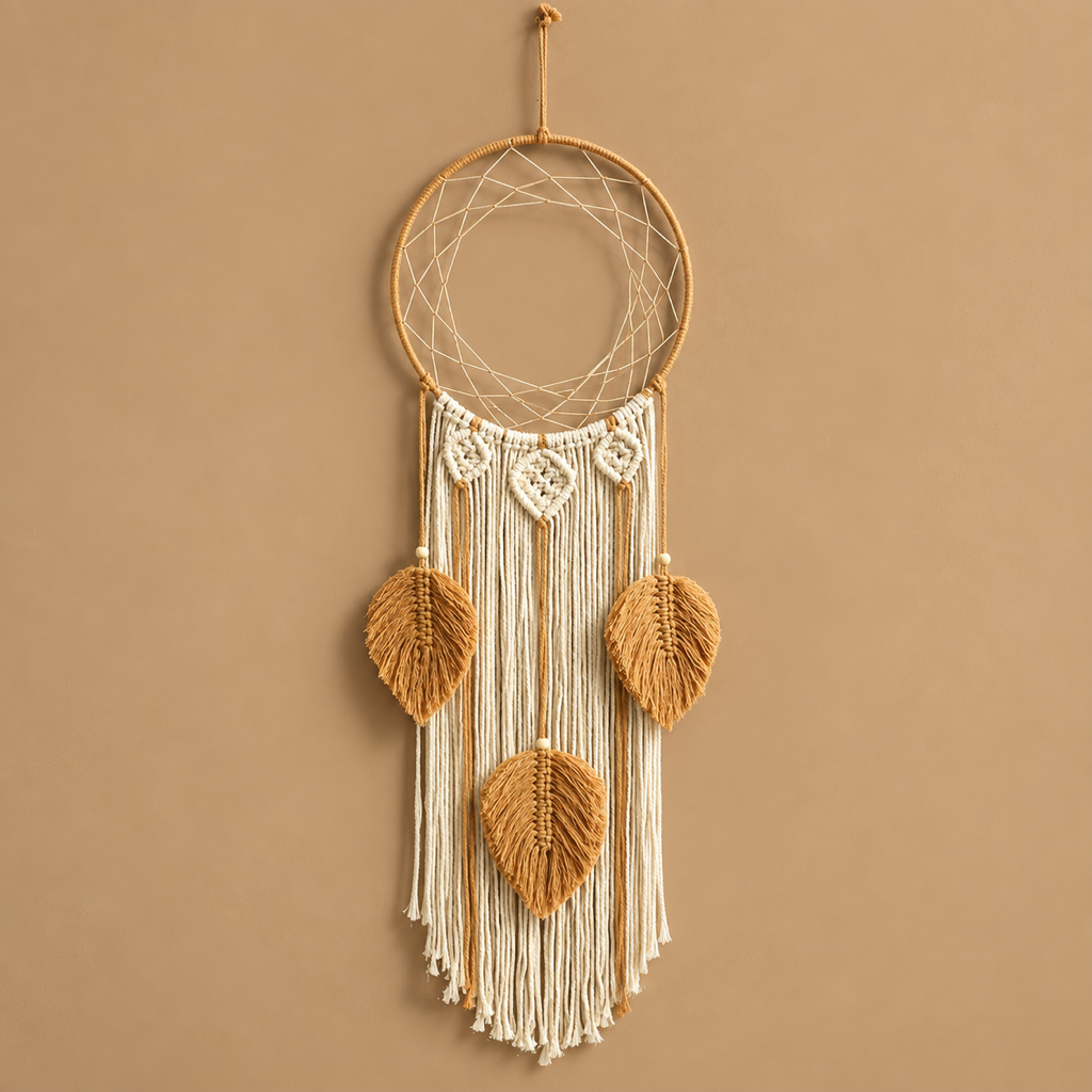 Macrame Dream Catcher Wall Hanging, 3 or 5 Leaf Tassels - Cream & Rust, 3 Leaf Tassels