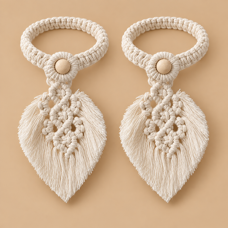 Two knotted tie backs with wooden buttons and fringed cream leaves on sand