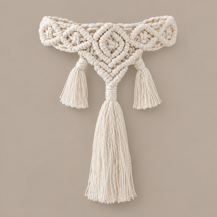 Single knotted diamond curtain tie back with three cream tassels on taupe