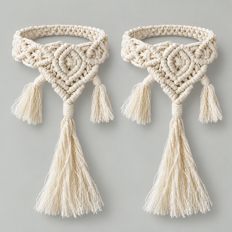 Two knotted macrame curtain tie backs with diamond motifs and three tassels each