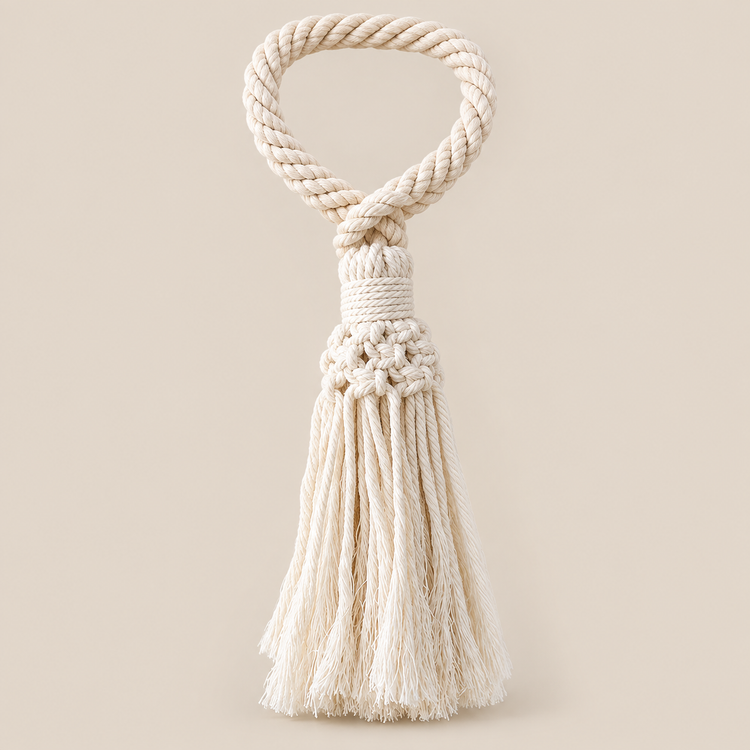 One cream rope loop curtain tie back with a full tassel on a white background