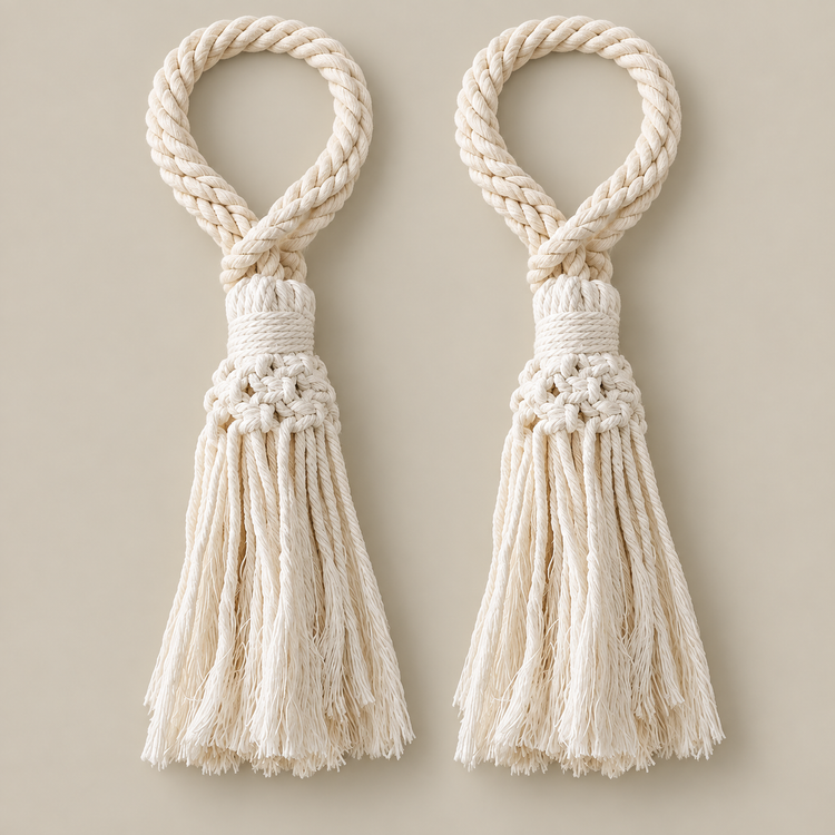 Two plain cream rope loop curtain tie backs with tassels on a cream background