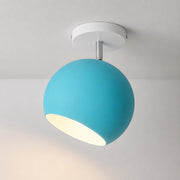 A modern ceiling light fixture with a matte turquoise blue spherical shade and a white circular ceiling mount, shown installed on a white ceiling.