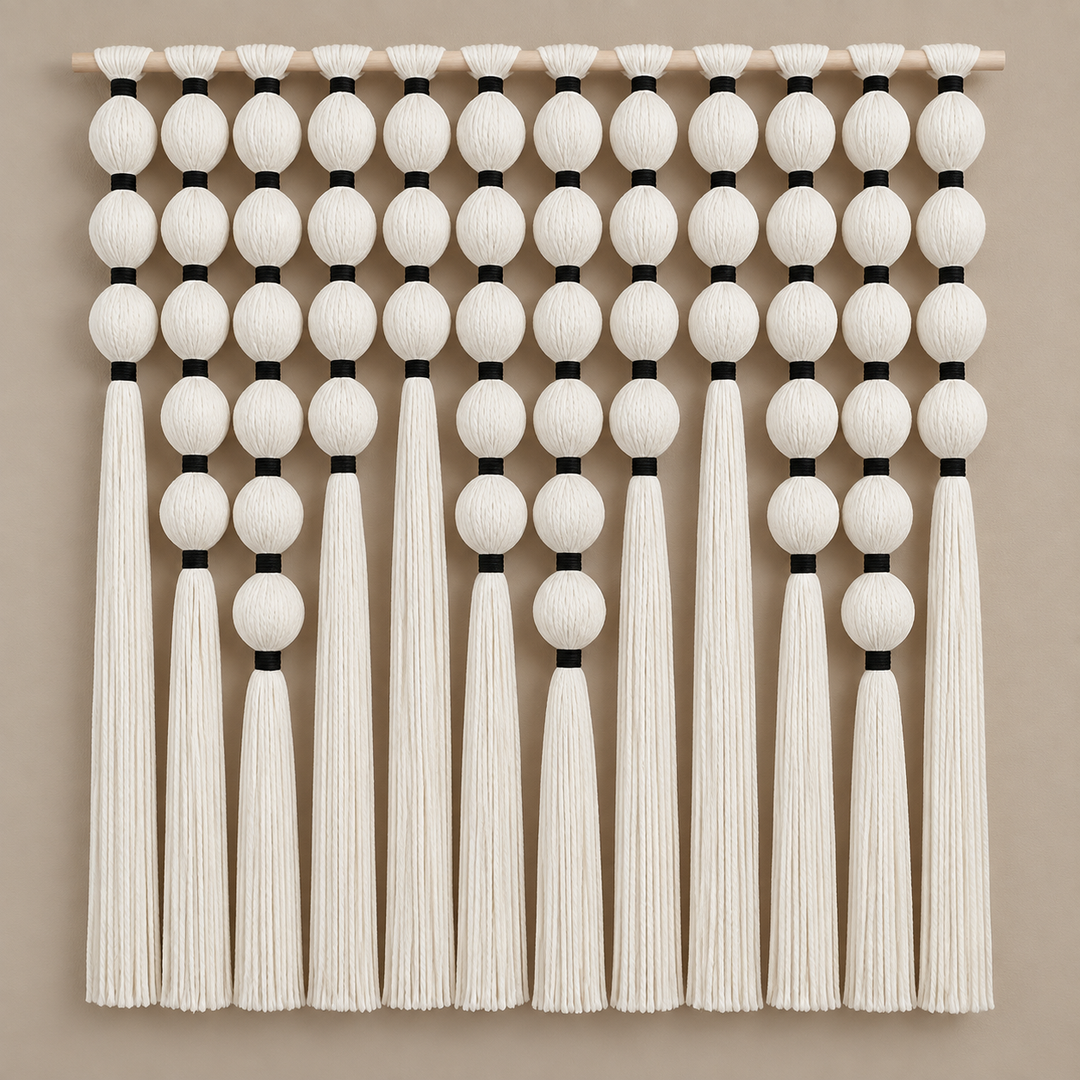 Grid of cream wound yarn spheres with black bindings and long tassels on a warm wall