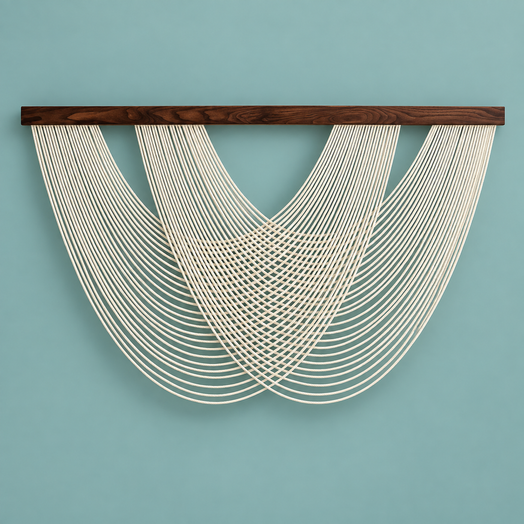 A modern wall hanging sculpture featuring multiple cream-colored cords suspended from a dark brown wooden bar, set against a solid light blue background.