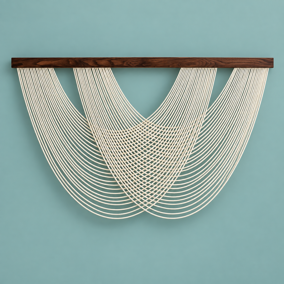 A modern wall hanging sculpture featuring multiple cream-colored cords suspended from a dark brown wooden bar, set against a solid light blue background.
