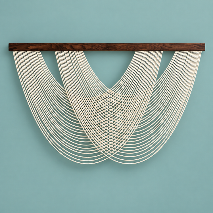 Undyed cream cord swag fan on a dark wood batten against a teal wall