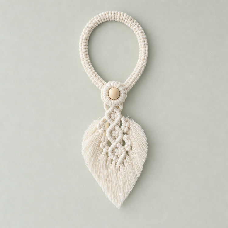 A cream-colored macrame keychain featuring a textured woven loop, a decorative knot pattern, and a tassel, finished with a small wooden bead on a light gray background.