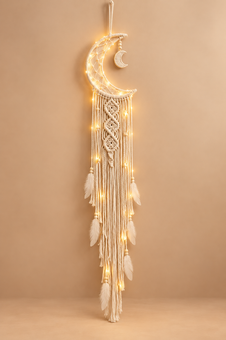 Cream moon dream catcher lit with warm bulbs among the cords and feathers