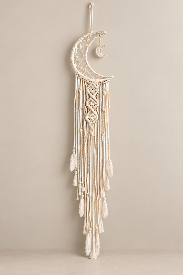 Cream macrame moon dream catcher with feathers and beads, unlit, on a warm wall