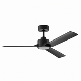 A modern three-blade ceiling fan in a matte black finish, shown from a side angle against a solid white background.