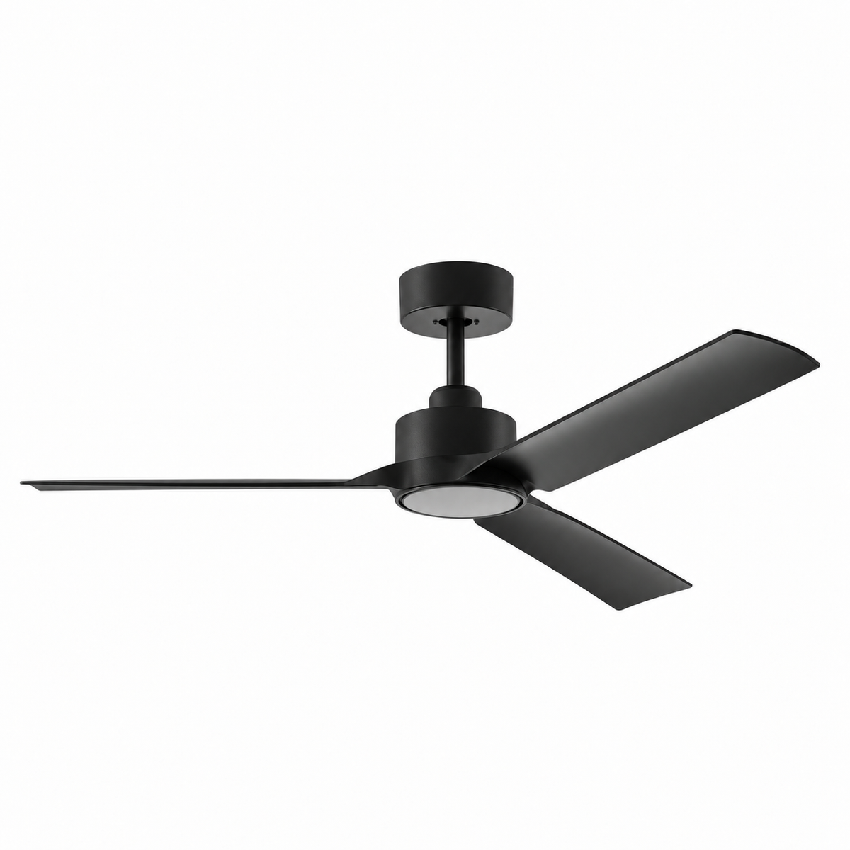 A modern three-blade ceiling fan in a matte black finish, shown from a side angle against a solid white background.