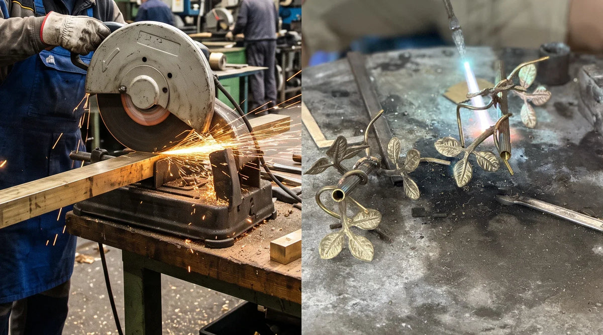 Workshop collage shows metal cutting and torchwork on decorative leaf branches, rather than the chandelier.